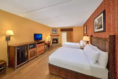 Two queen beds in a room with a fireplace and tv on a stand
