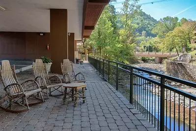 The scenic back patio at Old Creek Lodge in Gatlinburg.