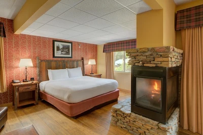 bed and fireplace