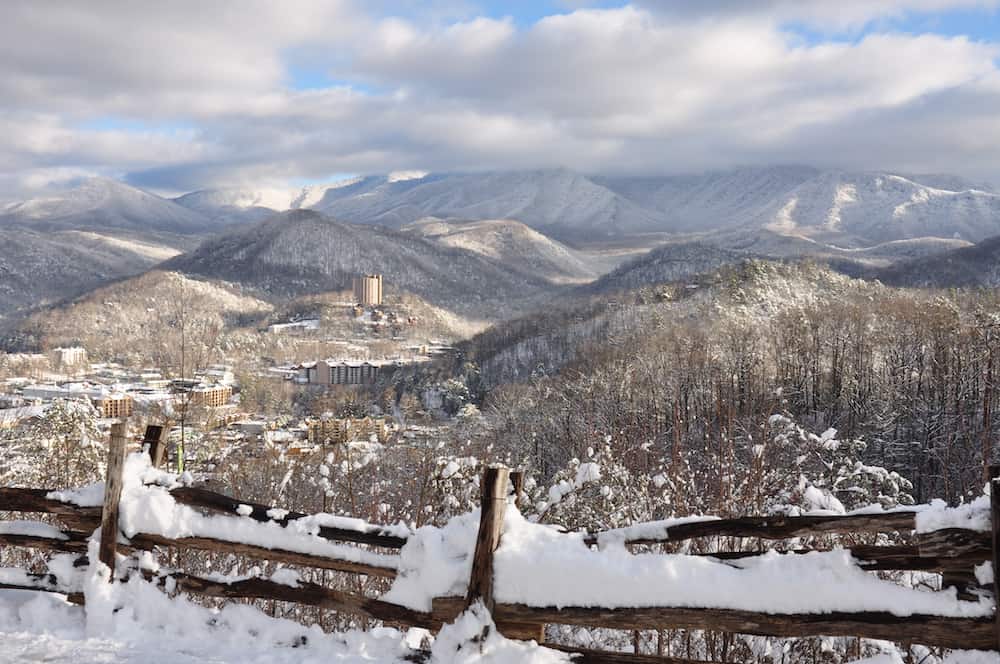 downtown gatlinburg covered in snow from the gatlinburg overlook