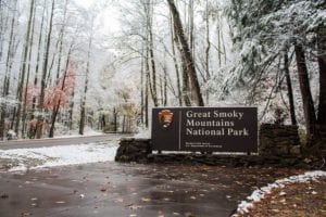 great smoky mountains national park sign in the snow