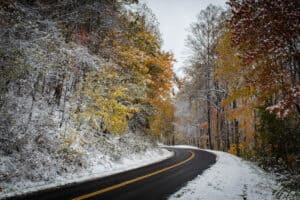 little river road in winter in the smoky mountains